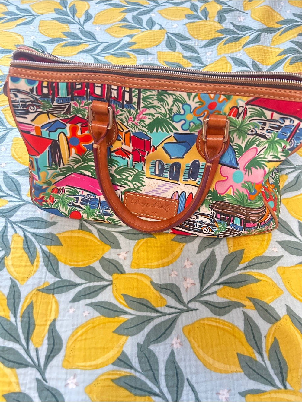 Dooney & Bourke Barrel bag Multicolor Tropical Print Satchel with Brown Handles - Picture 2 of 14